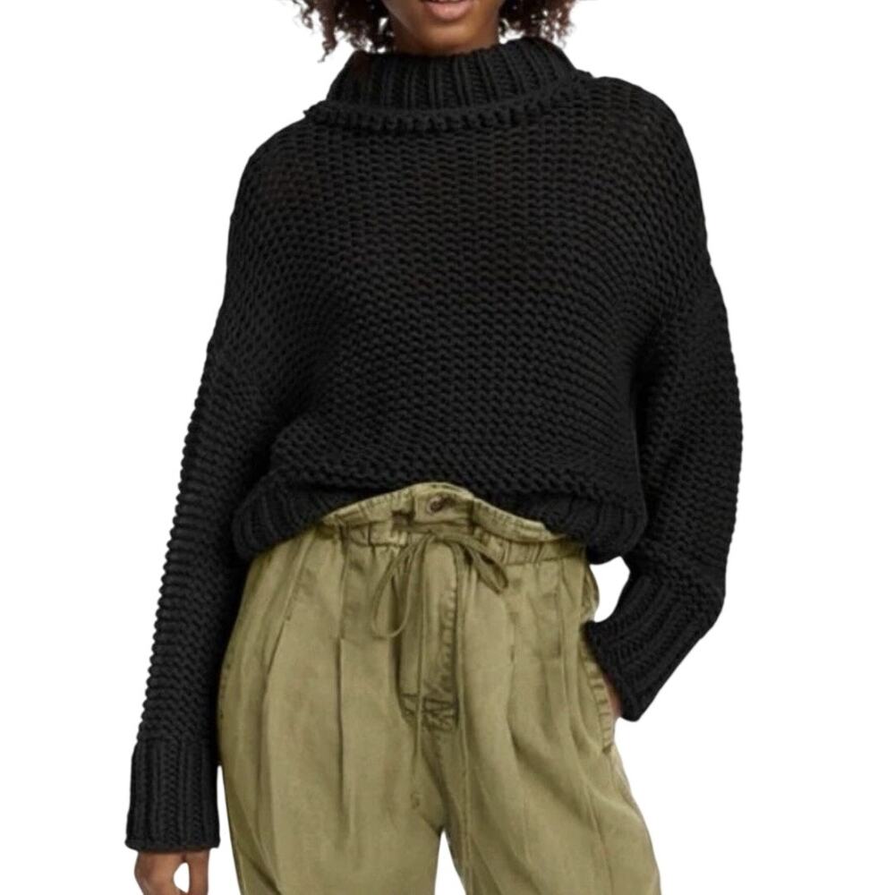 Free People Black Chunky Knit Oversized Crop Pullover My Only Sunshine Sweater